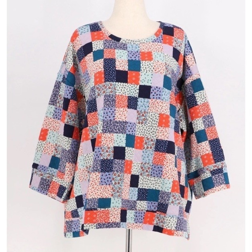 Lands End Quilted Patchwork Sweatshirt Floral Multi Color Crew Neck Womens M